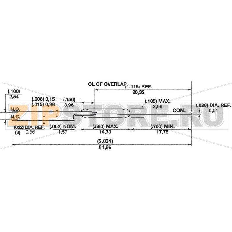 Геркон миниатюрный 175 В/DC, 0.25 A, 5 Вт, 14.73 мм Hamlin MDRR-DT 