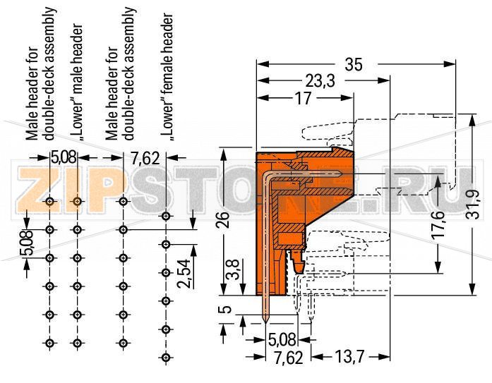 MCS MIDI Classic Вилка THT для двухуровневого монтажа; 1.0 x 1.0 mm solder pin; угловые; Шаг контактов 5,08 мм; 3-пол.; оранжевые Wago 232-363 Вилки для двухуровневой сборки обеспечивают высокую плотность монтажа в системе "провод-плата"Горизонтальный монтаж на печатные платыДвухуровневая конструкция позволяет размещать вилки или розетки с угловыми выводами под пайку на нижнем уровнеВозможны варианты кодировки...