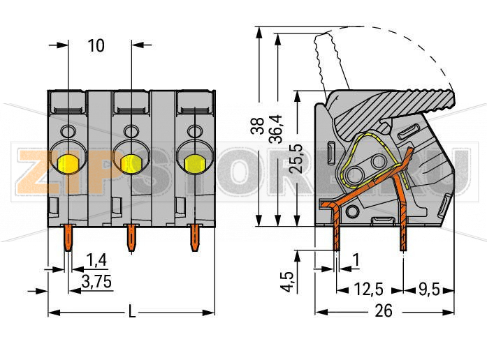 Клемма на печатную плату; рычаг; 3; Шаг контактов 10 мм; 7-пол.; CAGE CLAMP®; 6,00 mm; черные Wago 2706-207/000-004 Сильноточные клеммные колодки с зажимами CAGE CLAMP®, с рабочими рычагамиОткрытие и закрытие без использования инструментов – рычаги открываются/закрываются при помощи пальцевНесколько зажимов могут быть открыты одновременно– удобно для монтажа многожильных кабелейДва вывода под пайку для контакта высокого уровня механической стабильности600 В UL для шага контактов 12,5 мм...