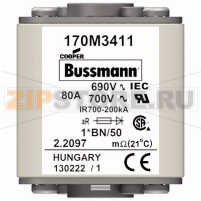 Предохранитель, 80 A, AC 690 В, size 1, 45x59x51 мм, aR, IEC UL, M8 Eaton FUSE 80A 690V 1*BN/5 