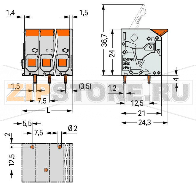 Клемма на печатную плату; рычаг; 3; Шаг контактов 7,5 мм; 8-пол.; Push-in CAGE CLAMP®; 6,00 mm; серые Wago 2606-1108/020-000 Клеммные?колодки?с?зажимами?Push-in CAGE CLAMP®,?приводимыми?в?действие?при?помощи?нажимных?кнопокЗажим одножильных проводников и тонкожильных проводников с наконечниками путем вставкиНажимные кнопки, открывающие зажим с минимальными усилиями, для простого подключения / извлечения тонкопроволочных проводниковУдобный монтаж без использования инструментовИсполнения с тестовыми разъемами и разделителями и без нихДоступны исполнения с индивидуальным внутренним объединением (заводская сборка), например, объединение с заземляющим проводом...