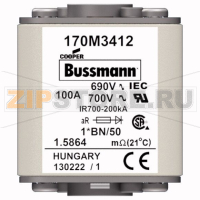 Предохранитель, 100 A, AC 690 В, size 1, 45x59x51 мм, aR, IEC UL, M8 Eaton FUSE 100A 690V 1*BN