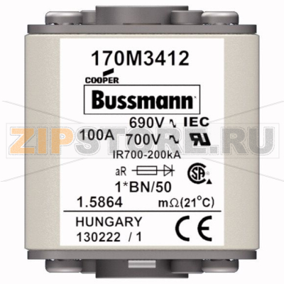 Предохранитель, 100 A, AC 690 В, size 1, 45x59x51 мм, aR, IEC UL, M8 Eaton FUSE 100A 690V 1*BN 