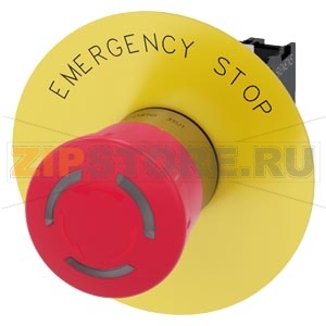 Грибовидная кнопка аварийного останова, с подсветкой, 22 мм, кругл., металл, глянцев., цвет: красный, 40 мм, положительная блокировка, согласно DIN EN ISO 13850, поворотный расцепной механизм, с желтой шайбой, Надпись: Emergency stop, с держателем, 1 НЗ, 