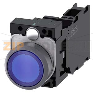 КНОПКА С ПОДСВЕТКОЙ, 22MM, КРУГЛАЯ,  ПЛАСТИК С МЕТАЛЛИЧЕСКИМ ФРОНТАЛЬНЫМ КОЛЬЦОМ, СИНЯЯ, ПЛОСКАЯ КНОПКА, КОНТАКТЫ МГНОВЕННОГО ДЕЙСТВИЯ, С ДЕРЖАТЕЛЕМ, 1NO+1NC, МОДУЛЬ ПОДСВЕТКИ С ИНТЕГРИРОВАННЫМ СВЕТОДИОДОМ 24V AC/DC, ПРУЖИННЫЕ КЛЕММЫ, С ГРАВИРОВКОЙ ЛАЗЕРО 