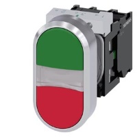 Сдвоенная кнопка с подсветкой, 22 мм, кругл., металл, глянцев., цвет: зеленый, цвет: красный, кнопки, плоская, нажатием на кнопку, с держателем, 1 НО, 1 НЗ, светодиодный модуль, со встроенным светодиодом, 230 В AC, цвет: белый, винтовой зажим Siemens 3SU1