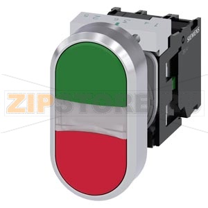 Сдвоенная кнопка с подсветкой, 22 мм, кругл., металл, глянцев., цвет: зеленый, цвет: красный, кнопки, плоская, нажатием на кнопку, с держателем, 1 НО, 1 НЗ, светодиодный модуль, со встроенным светодиодом, 230 В AC, цвет: белый, винтовой зажим Siemens 3SU1 