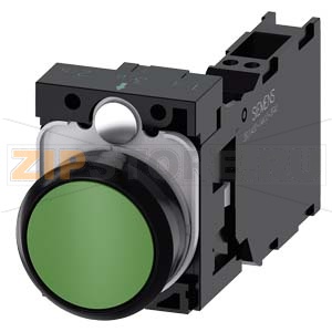 КНОПКА, 22MM, КРУГЛАЯ, ПЛАСТИК, ЗЕЛЁНАЯ, ПЛОСКАЯ КНОПКА, КОНТАКТЫ МГНОВЕННОГО ДЕЙСТВИЯ, С ДЕРЖАТЕЛЕМ 1NO+1NC, ПРУЖИННЫЕ КЛЕММЫ, Siemens 3SU1100-0AB40-3FA0 