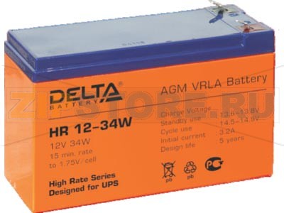 Delta HR 12-34W Свинцово-кислотный аккумулятор (АКБ) Delta HR 12–34W: Напряжение - 12 В; Емкость - 9 Ач; Габариты: 151 мм x 65 мм x 100 мм, Вес: 2,62 кгТехнология аккумулятора: AGM VRLA Battery