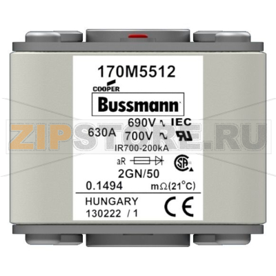 Предохранитель, 630 A, AC 690 В, size 2, 61x77x51 мм, aR, IEC UL Eaton FUSE 630A 690V 2GN/50 A 