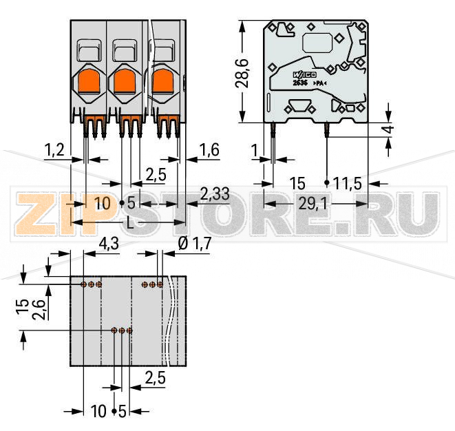 Клемма на печатную плату; 16 мм; Шаг контактов 10 мм; 10-пол.; Push-in CAGE CLAMP®; 16,00 mm; серые Wago 2636-1110/020-000 Клеммные?колодки?с?зажимами?Push-in CAGE CLAMP®,?приводимыми?в?действие?при?помощи?нажимных?кнопокЗажим одножильных проводников и тонкожильных проводников с наконечниками путем вставкиНажимные кнопки, открывающие зажим с минимальными усилиями, для простого подключения / извлечения тонкопроволочных проводниковУдобный монтаж без использования инструментовИсполнения с тестовыми разъемами и разделителями и без нихДоступны исполнения с индивидуальным внутренним объединением (заводская сборка), например, объединение с заземляющим проводом...