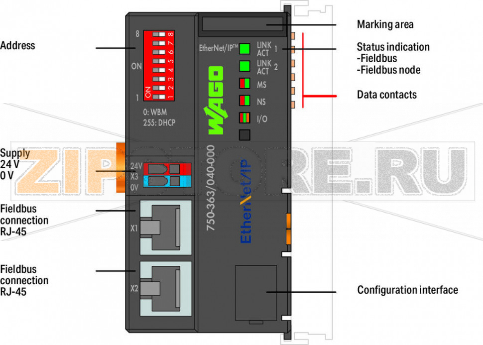 Каплер шины EtherNet/IP; 4-е поколение; Extreme; - Wago 750-363/040-000 The EtherNet/IPTM Fieldbus Coupler connects EtherNet/IPTM to the modular WAGO-I/O-SYSTEM.The fieldbus coupler detects all connected I/O modules and creates a local process image. Two ETHERNET interfaces and an integrated switch allow the fieldbus to be wired in a line topology. This eliminates additional network devices, such as switches or hubs.Both interfaces support autonegotiation and Auto-MDI(X).The rotary switch configures the last byte of the IP address and may be used for IP address assignment (DHCP, BootP).The coupler is designed for fieldbus communication in EtherNet/IPTM networks. It also supports a wide variety of standard ETHERNET protocols (HTTP(S), BootP, DHCP, DNS, SNMP, (S)FTP). An integrated Webserver provides user configuration options, while displaying coupler’s status information.The device is ideal for operation in harsh environments thanks to:Extended temperature rangeGreater immunity to impulse voltages and electromagnetic interferenceHigher vibration and shock resistance...