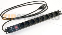 Hyperline SHE19-8SH-S-2.5EU Блок розеток для 19" шкафов, горизонтальный, с выключателем с подсветкой, 8 розеток Schuko (16A), 250В, кабель питания 3х1.5мм2, длина 2.5 м, с вилкой Schuko, 482.6x44.4x44.4мм (ДхШхВ)