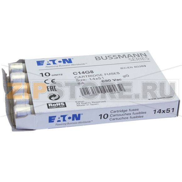 Предохранитель, 8 A, AC 690 В, 80 кА, 14x51 мм, gL/gG, IEC Eaton CYLINDRICAL FUSE 14x51 8A GG 6 