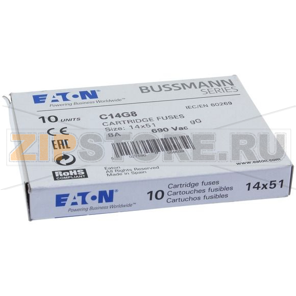 Предохранитель, 8 A, AC 690 В, 80 кА, 14x51 мм, gL/gG, IEC Eaton CYLINDRICAL FUSE 14x51 8A GG 6 