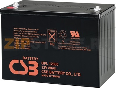 CSB GPL 12880 Гелевые аккумуляторы (АКБ) CSB GPL 12880: Напряжение - 12 В; Емкость - 88 Ач; Габариты: длина 309 мм, ширина 169 мм, высота 211,3 мм, вес: 30 кг
