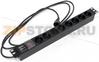 Hyperline SHE19-8SH-S-2.5IEC Блок розеток для 19" шкафов, горизонтальный, с выключателем с подсветкой, 8 розеток Schuko (10A), 250В, кабель питания 3х1.0мм2, длина 2.5 м, с вилкой IEC 320 C14, 482.6x44.4x44.4мм (ДхШхВ)