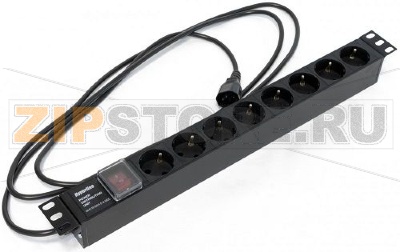 Hyperline SHE19-8SH-S-2.5IEC Блок розеток для 19&quot; шкафов, горизонтальный, с выключателем с подсветкой, 8 розеток Schuko (10A), 250В, кабель питания 3х1.0мм2, длина 2.5 м, с вилкой IEC 320 C14, 482.6x44.4x44.4мм (ДхШхВ) 