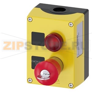 Корпус для командных устройств 22 мм, кругл., материал корпуса: пластмасса, верхняя часть корпуса, цвет: желтый, 2 командных пункта, пластмасса, B = индикаторная лампа, цвет: красный, Светодиод 24 В AC/DC,винтовой зажим, Шильдик без надписи А = аварийный 
