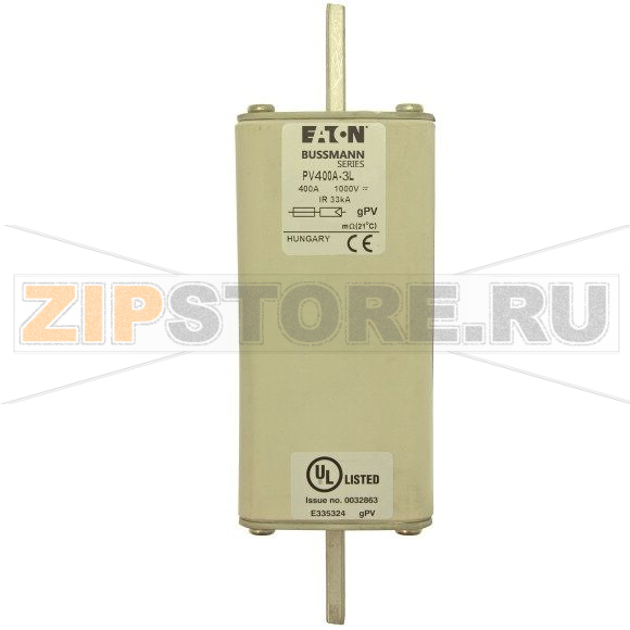 Предохранитель, 400 A, DC 1000 В, 50 кА, 3L, 75x91x205 мм, gPV, UL, IEC Eaton FUSE 400A 1000V 3 