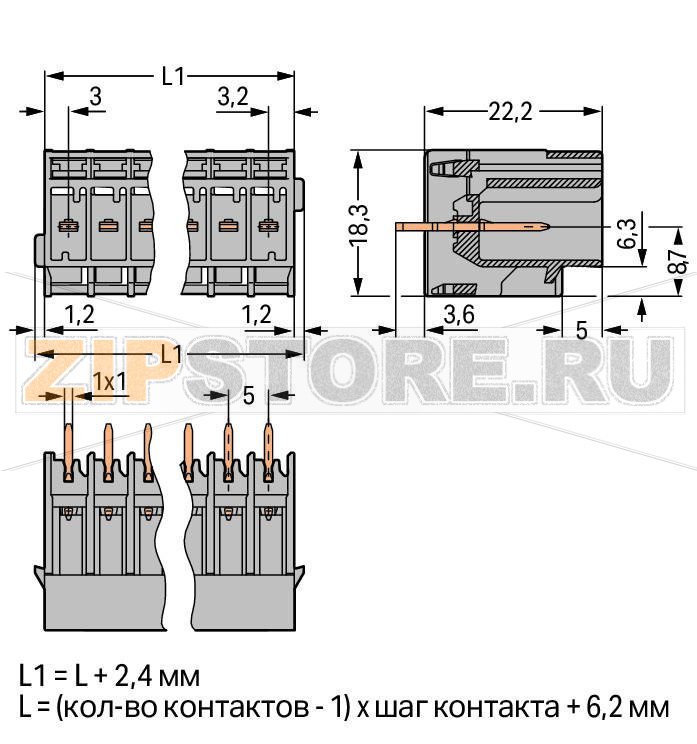 Вилка THT; 1.0 x 1.0 mm solder pin; прямые; Шаг контактов 5 мм; 6-пол.; серые Wago 769-636 