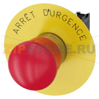 АВАРИЙНАЯ ГРИБОВИДНАЯ КНОПКА, 22MM, КРУГЛАЯ, МЕТАЛЛИЧЕСКАЯ ГЛЯНЦЕВАЯ, КРАСНАЯ, 40MM, С ФИКСАЦИЕЙ, ДЕБЛОКИРОВКА ПОВОРОТОМ, С ЖЁЛТОЙ ПОДЛОЖКОЙ, НАДПИСЬ: ARRET D&#39;URGENCE, С ДЕРЖАТЕЛЕМ, 1NC, ВИНТОВЫЕ КЛЕММЫ Siemens 3SU1150-1HB20-1CJ0